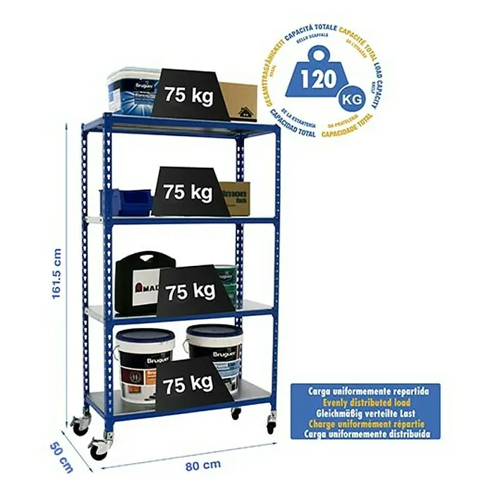Simonrack Simonclick Estantería metálica Mobile Mini - L x An x Al: 50 x 80 x 157,5 cm, Capacidad de carga: 75 kg/balda, Número de baldas: 4 ud., Inserción, Azul - Dibujo técnico