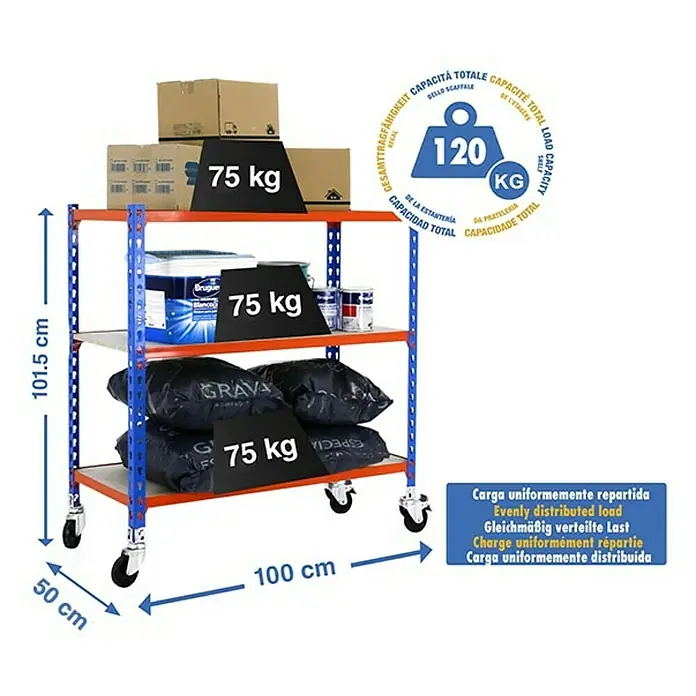 Simonrack Maderclick Estantería metálica Mobile Plus - L x An x Al: 50 x 100 x 97,5 cm, Capacidad de carga: 75 kg/balda, Número de baldas: 3 ud., Inserción, Azul/Naranja - Dibujo técnico