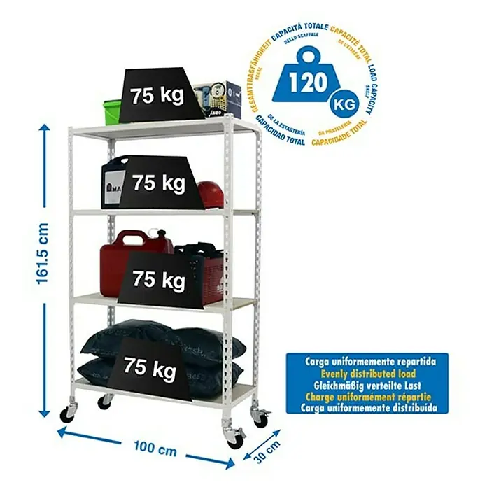 Simonrack Maderclick Estantería metálica Mobile Plus - L x An x Al: 30 x 100 x 157,5 cm, Capacidad de carga: 75 kg/balda, Número de baldas: 4 ud., Inserción, Blanco - Dibujo técnico
