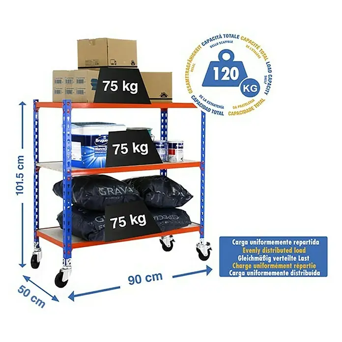 Simonrack Maderclick Estantería metálica Mobile - L x An x Al: 50 x 90 x 97,5 cm, Capacidad de carga: 75 kg/balda, Número de baldas: 3 ud., Inserción, Azul/Naranja - Dibujo técnico