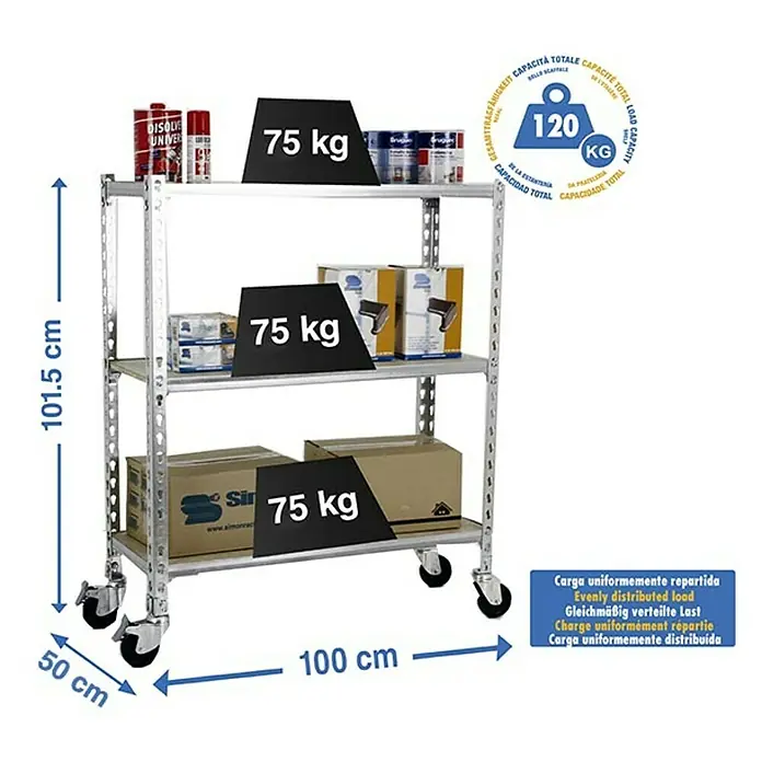 Simonrack Maderclick Estantería metálica Mobile Plus - L x An x Al: 50 x 100 x 97,5 cm, Capacidad de carga: 75 kg/balda, Número de baldas: 3 ud., Inserción, Galvanizado - Dibujo técnico
