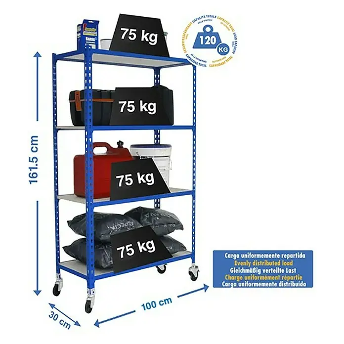 Simonrack Maderclick Estantería metálica Mobile Plus - L x An x Al: 30 x 100 x 157,5 cm, Capacidad de carga: 75 kg/balda, Número de baldas: 4 ud., Inserción, Azul - Dibujo técnico