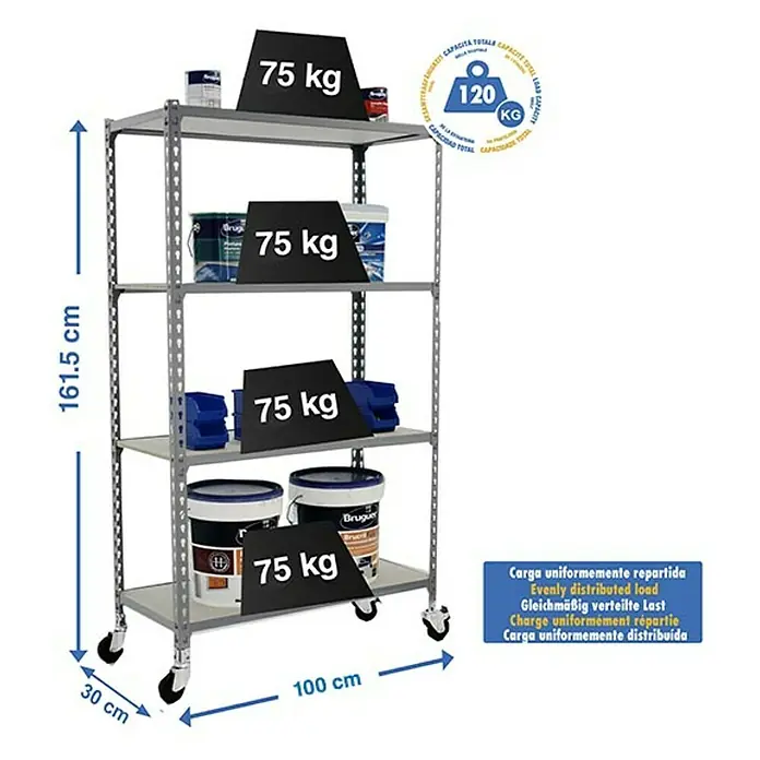 Simonrack Maderclick Estantería metálica Mobile Plus - L x An x Al: 30 x 100 x 157,5 cm, Capacidad de carga: 75 kg/balda, Número de baldas: 4 ud., Inserción, Gris - Dibujo técnico