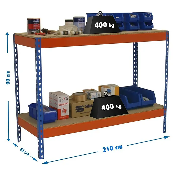 Simonrack Simonwork Mesa de trabajo Basic 2 - L x An x Al: 450 x 210 x 90 cm, Capacidad de carga: 400 kg, Azul/Naranja - Dibujo técnico