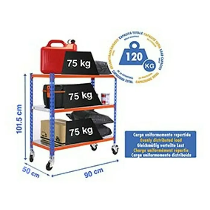 Simonrack Simonclick Estantería metálica Mobile - L x An x Al: 50 x 90 x 90 mm, Capacidad de carga: 75 kg/balda, Número de baldas: 3 ud., Inserción, Azul/Naranja - Dibujo técnico
