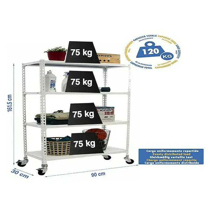 Simonrack Simonclick Estantería metálica Mobile - L x An x Al: 30 x 90 x 157,5 cm, Capacidad de carga: 75 kg/balda, Número de baldas: 4 ud., Inserción, Blanco - Dibujo técnico