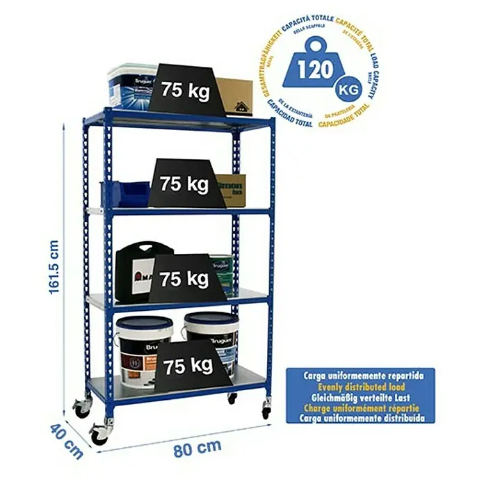 Simonrack Simonclick Estantería metálica Mobile Mini - L x An x Al: 40 x 80 x 157,5 cm, Capacidad de carga: 75 kg/balda, Número de baldas: 4 ud., Inserción, Azul - Dibujo técnico