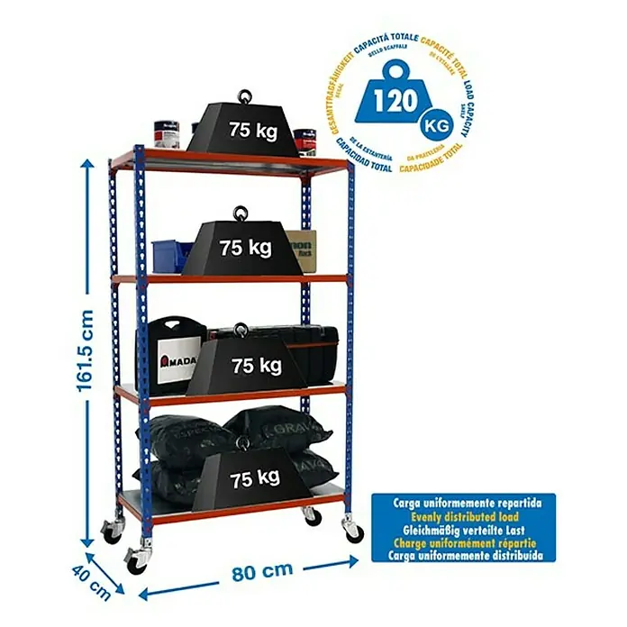 Simonrack Simonclick Estantería metálica Mobile Mini - L x An x Al: 40 x 80 x 157,5 cm, Capacidad de carga: 75 kg/balda, Número de baldas: 4 ud., Inserción, Azul/Naranja - Dibujo técnico