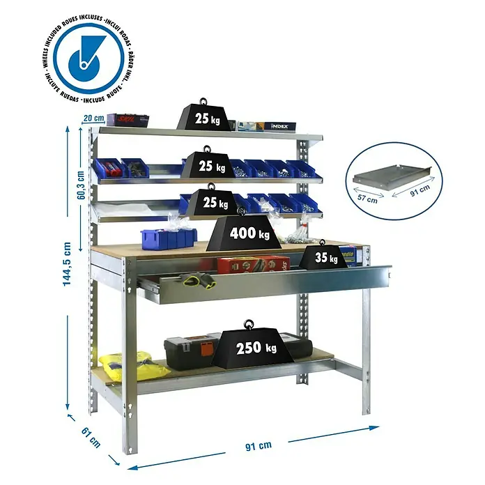 Simonrack Simonwork Banco de trabajo BT1 Box Mobile - L x An x Al: 61 x 91 x 152 cm, Capacidad de carga: 120 kg, Galvanizado - Dibujo técnico