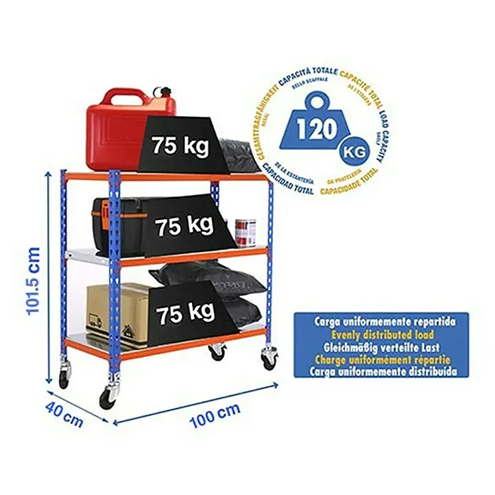 Simonrack Simonclick Estantería metálica Mobile Plus - L x An x Al: 40 x 100 x 97,5 cm, Capacidad de carga: 75 kg/balda, Número de baldas: 3 ud., Inserción, Azul/Naranja - Dibujo técnico