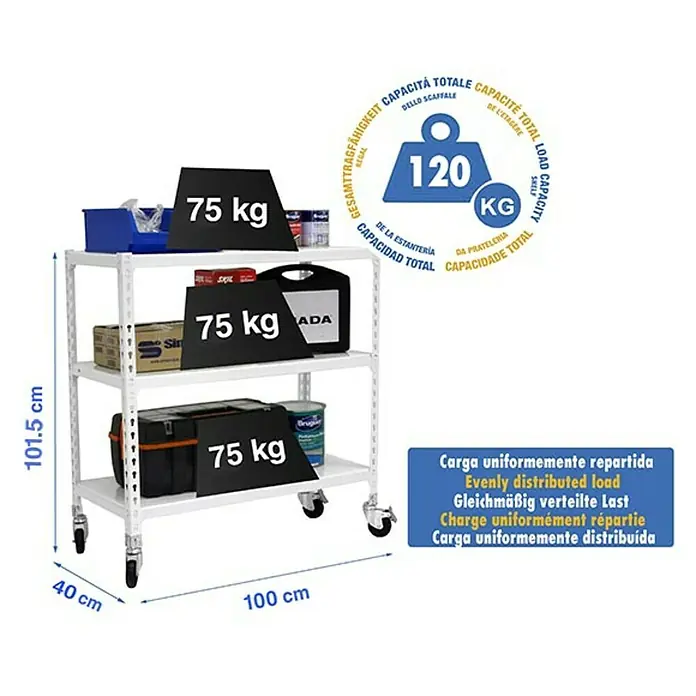 Simonrack Simonclick Estantería metálica Mobile Plus - L x An x Al: 40 x 100 x 97,5 cm, Capacidad de carga: 75 kg/balda, Número de baldas: 3 ud., Inserción, Blanco - Dibujo técnico