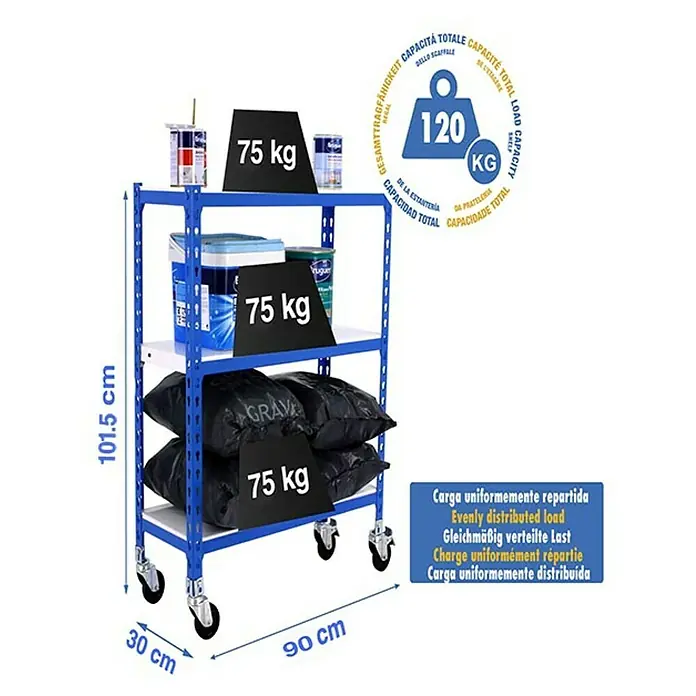 Simonrack Simonclick Estantería metálica Mobile - L x An x Al: 30 x 90 x 97,5 cm, Capacidad de carga: 75 kg/balda, Número de baldas: 3 ud., Inserción, Azul/Blanco - Dibujo técnico