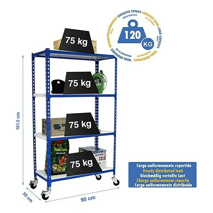 Simonrack Simonclick Estantería metálica Mobile - L x An x Al: 30 x 90 x 157,5 cm, Capacidad de carga: 75 kg/balda, Número de baldas: 4 ud., Inserción, Azul/Blanco - Dibujo técnico