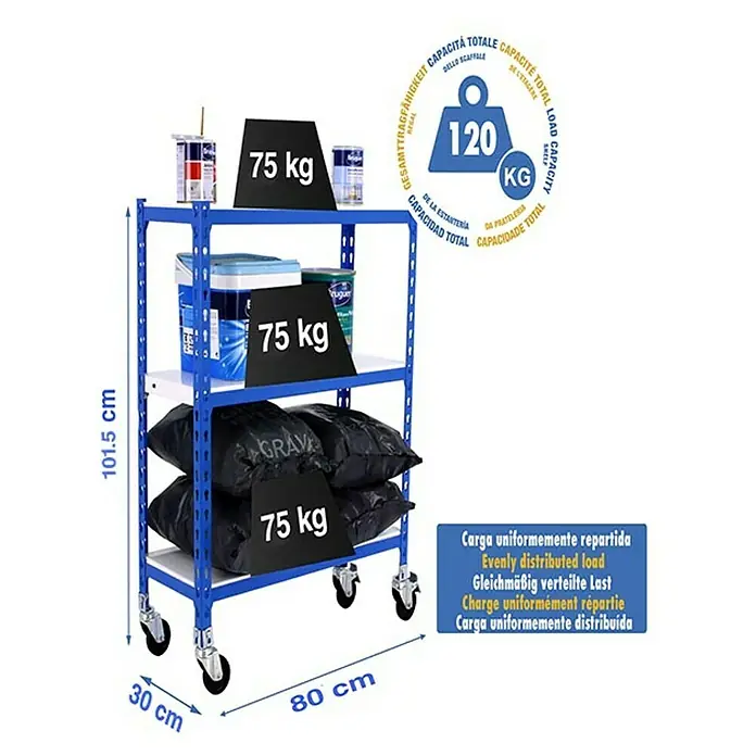 Simonrack Simonclick Estantería metálica Mobile Mini - L x An x Al: 30 x 80 x 97,5 cm, Capacidad de carga: 75 kg/balda, Número de baldas: 3 ud., Inserción, Azul/Blanco - Dibujo técnico