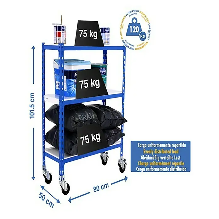 Simonrack Simonclick Estantería metálica Mobile Mini - L x An x Al: 50 x 80 x 97,5 cm, Capacidad de carga: 75 kg/balda, Número de baldas: 3 ud., Inserción, Azul/Blanco - Dibujo técnico