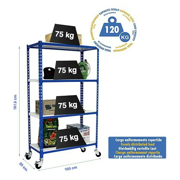 Simonrack Simonclick Estantería metálica Mobile Plus - L x An x Al: 30 x 100 x 157,5 cm, Capacidad de carga: 75 kg/balda, Número de baldas: 4 ud., Inserción, Azul/Blanco - Dibujo técnico