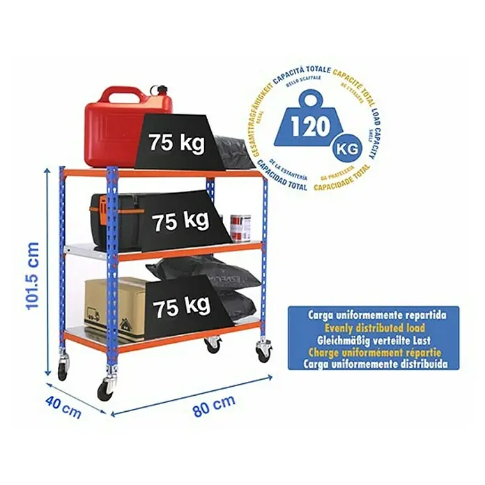Simonrack Simonclick Estantería metálica Mobile Mini - L x An x Al: 40 x 80 x 90 cm, Capacidad de carga: 75 kg/balda, Número de baldas: 3 ud., Inserción, Azul/Naranja - Dibujo técnico