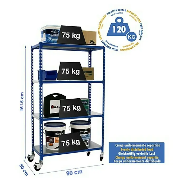 Simonrack Simonclick Estantería metálica Mobile - L x An x Al: 50 x 90 x 157,5 cm, Capacidad de carga: 75 kg/balda, Número de baldas: 4 ud., Inserción, Azul - Dibujo técnico