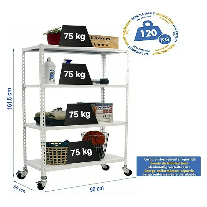 Simonrack Simonclick Estantería metálica Mobile - L x An x Al: 50 x 90 x 157,5 cm, Capacidad de carga: 75 kg/balda, Número de baldas: 4 ud., Inserción, Blanco - Dibujo técnico