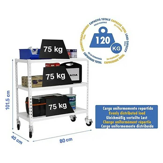 Simonrack Simonclick Estantería metálica Mobile Mini - L x An x Al: 40 x 80 x 97,5 cm, Capacidad de carga: 75 kg/balda, Número de baldas: 3 ud., Inserción, Blanco - Dibujo técnico