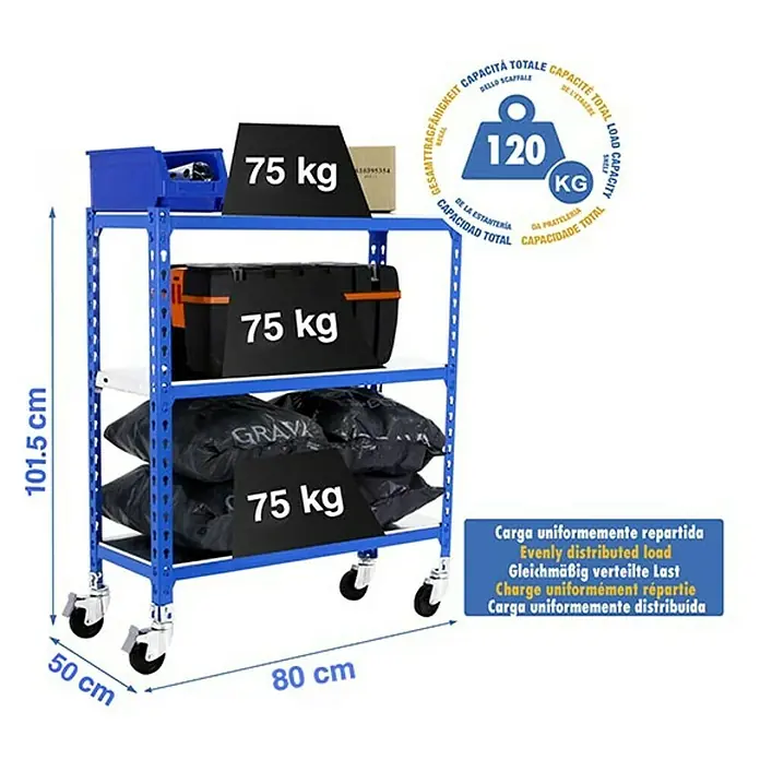 Simonrack Simonclick Estantería metálica Mobile Mini - L x An x Al: 50 x 80 x 97,5 cm, Capacidad de carga: 75 kg/balda, Número de baldas: 3 ud., Inserción, Azul - Dibujo técnico