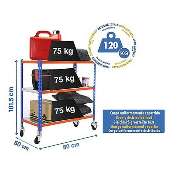 Simonrack Simonclick Estantería metálica Mobile Mini - L x An x Al: 50 x 80 x 90 cm, Capacidad de carga: 75 kg/balda, Número de baldas: 3 ud., Inserción, Azul/Naranja - Dibujo técnico