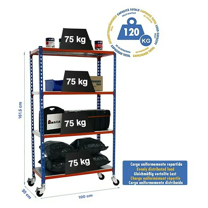 Simonrack Simonclick Estantería metálica Mobile Plus - L x An x Al: 30 x 100 x 157,5 cm, Capacidad de carga: 75 kg/balda, Número de baldas: 4 ud., Inserción, Azul/Naranja - Dibujo técnico