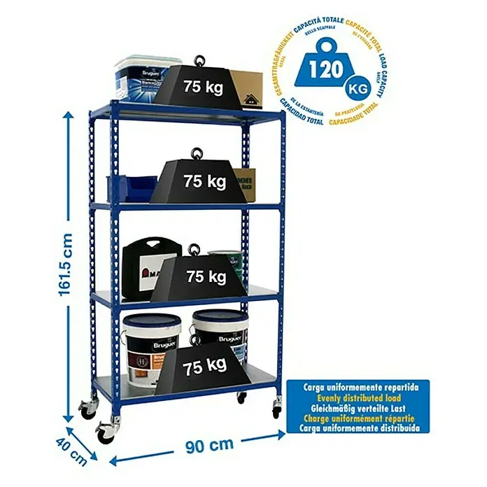 Simonrack Simonclick Estantería metálica Mobile Plus - L x An x Al: 40 x 100 x 157,5 cm, Capacidad de carga: 75 kg/balda, Número de baldas: 4 ud., Inserción, Azul - Dibujo técnico