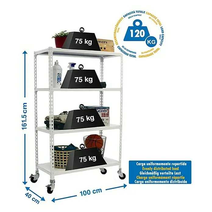 Simonrack Simonclick Estantería metálica Mobile Plus - L x An x Al: 40 x 100 x 157,5 cm, Capacidad de carga: 75 kg/balda, Número de baldas: 4 ud., Inserción, Blanco - Dibujo técnico