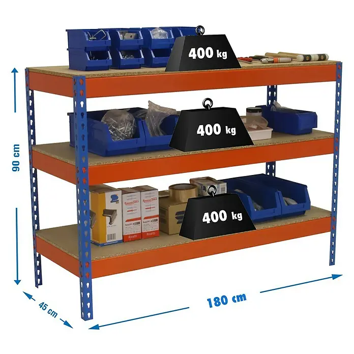 Simonrack Simonwork Mesa de trabajo Basic 3 - Azul/Naranja, L x An x Al: 45 x 180 x 90 cm, Capacidad de carga: 400 kg - Dibujo técnico