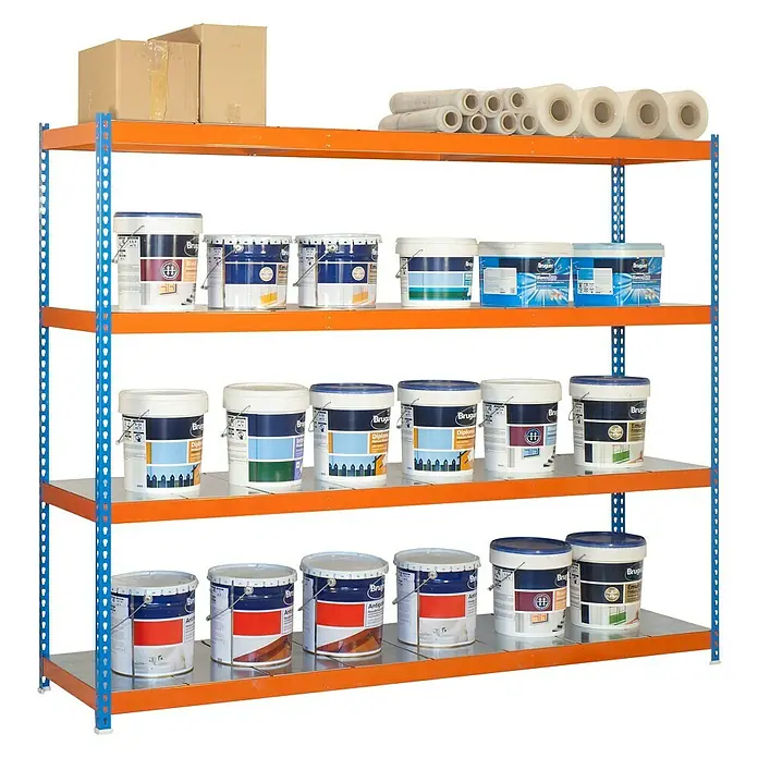 Simonrack Simonforte Estantería para cargas pesadas Metal - L x An x Al: 75 x 150 x 200 cm, Capacidad de carga: 600 kg/balda, Número de baldas: 4 ud., Azul/Naranja - Producto en uso