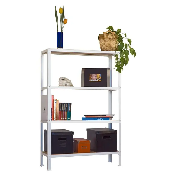 Simonrack Simonhome Estantería metálica Wood Plus - L x An x Al: 30 x 100 x 160 cm, Capacidad de carga: 150 kg/balda, Número de baldas: 4 ud., Blanco - Producto en uso
