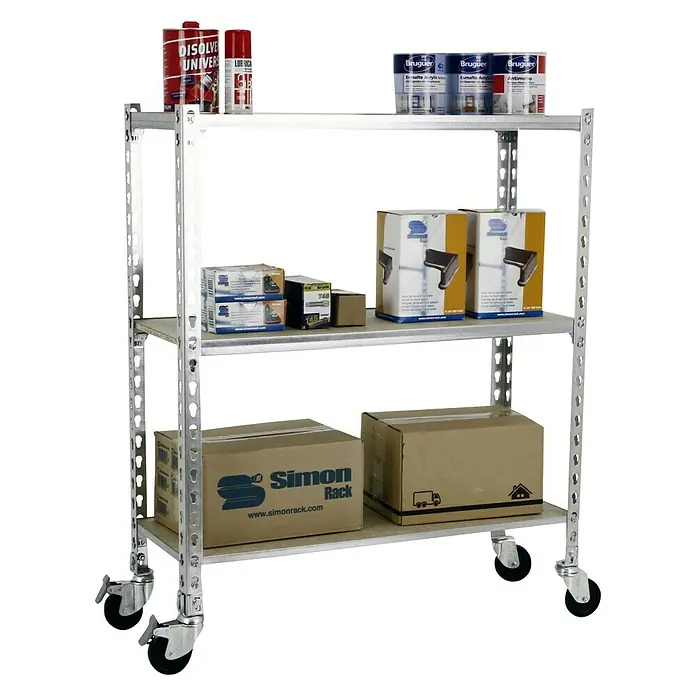 Simonrack Maderclick Estantería metálica Mobile Plus - L x An x Al: 40 x 100 x 97,5 cm, Capacidad de carga: 75 kg/balda, Número de baldas: 3 ud., Inserción, Galvanizado - Producto en uso