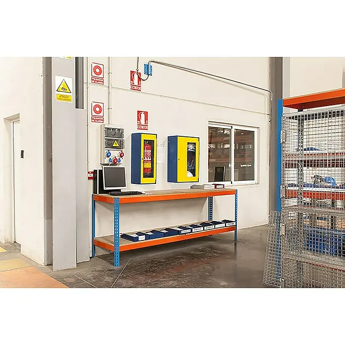Simonrack Simonforte Estantería para cargas pesadas Chipboard - L x An x Al: 75 x 150 x 90 cm, Capacidad de carga: 600 kg/balda, Número de baldas: 2 ud., Azul/Naranja - Foto ambiente
