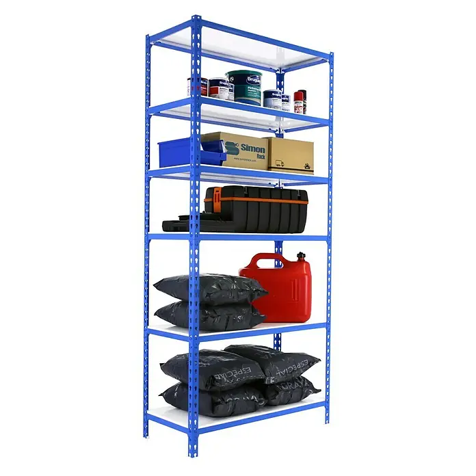 Simonrack Simonclick Estantería metálica Megaplus - L x An x Al: 50 x 120 x 250 cm, Capacidad de carga: 200 kg/balda, Número de baldas: 6 ud., Inserción, Azul/Blanco - Producto en uso