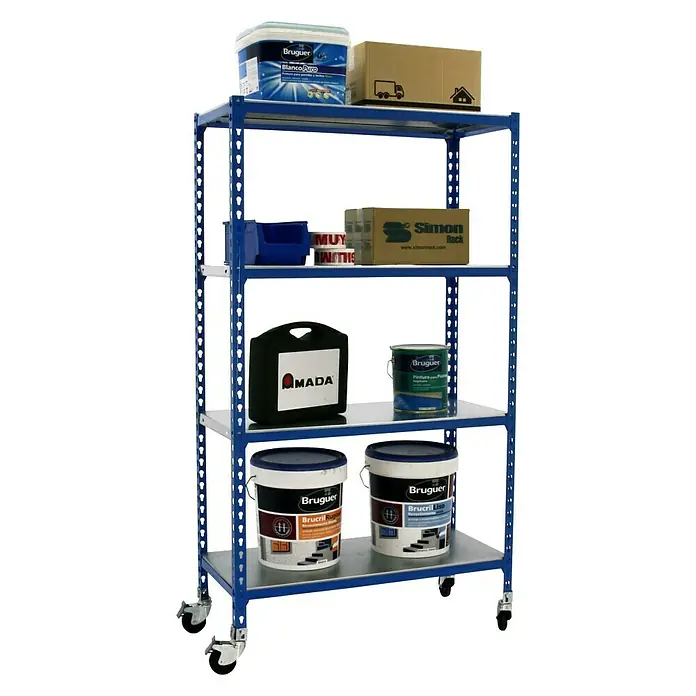 Simonrack Simonclick Estantería metálica Mobile - L x An x Al: 50 x 90 x 157,5 cm, Capacidad de carga: 75 kg/balda, Número de baldas: 4 ud., Inserción, Azul - Producto en uso