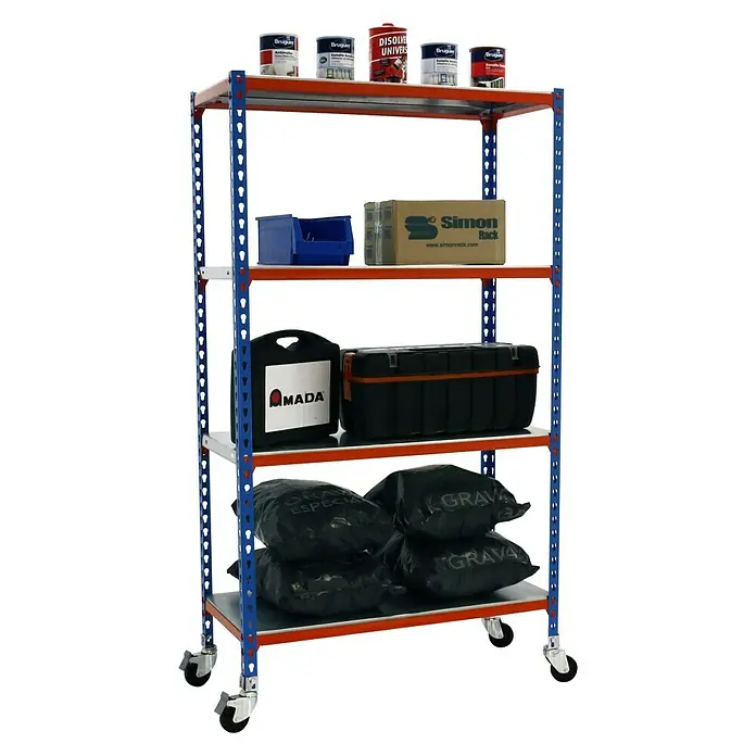 Simonrack Simonclick Estantería metálica Mobile - L x An x Al: 50 x 90 x 157,5 cm, Capacidad de carga: 75 kg/balda, Número de baldas: 4 ud., Inserción, Azul/Naranja - Producto en uso
