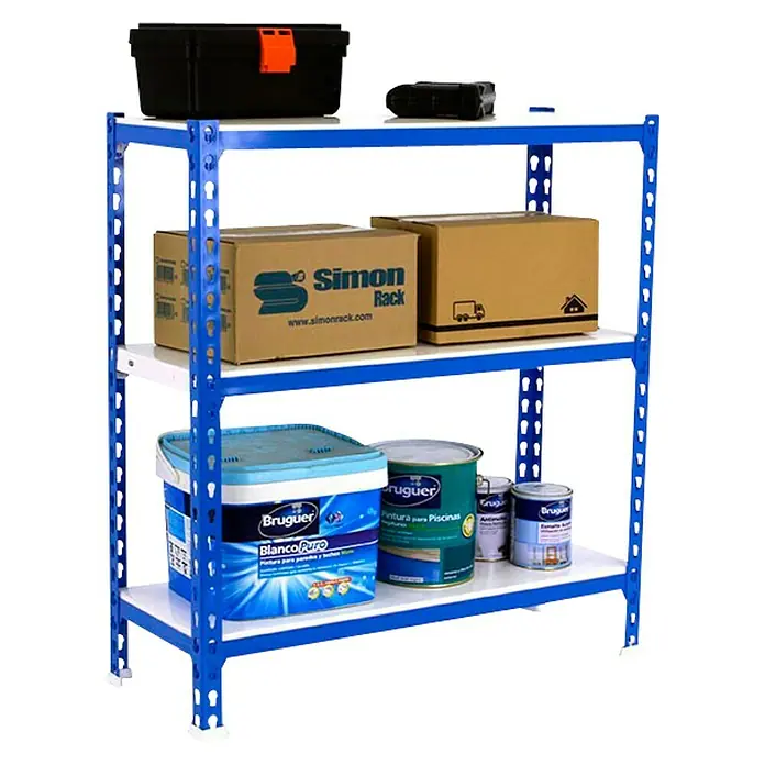 Simonrack Simonclick Estantería metálica Plus - L x An x Al: 40 x 100 x 90 cm, Capacidad de carga: 180 kg/balda, Número de baldas: 3 ud., Inserción, Azul/Blanco - Producto en uso