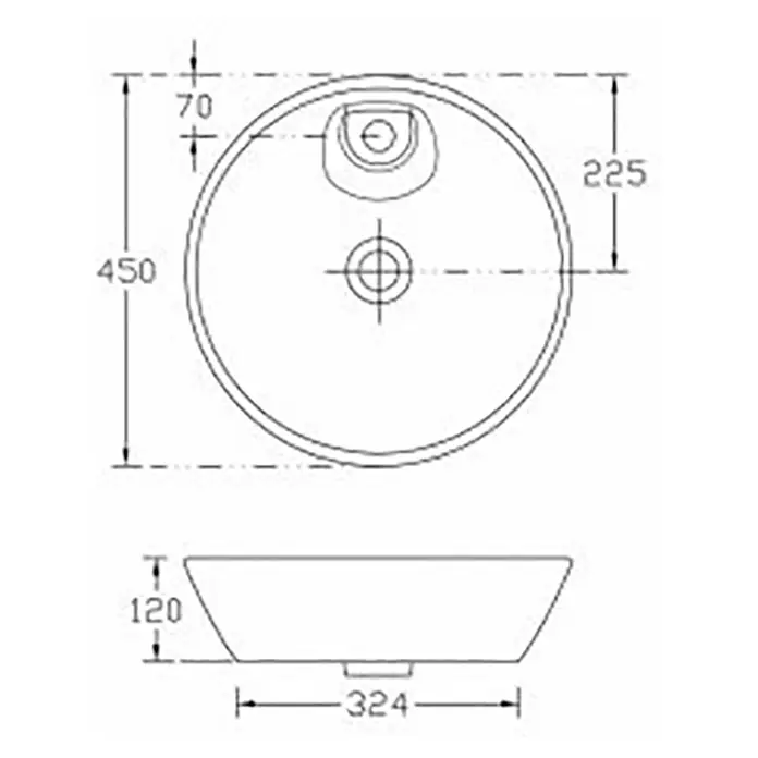 Bathco Lavabo de sobremesa Lieja - An x L: 45 x 45 cm, Orificios para grifo: Medio, Sin desbordamiento, Blanco - Dibujo técnico