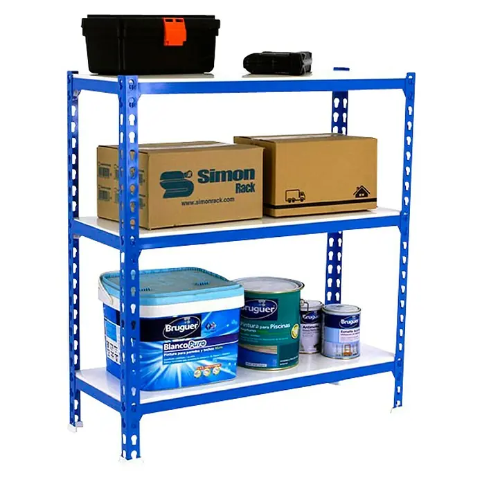 Simonrack Simonclick Estantería metálica Superplus - L x An x Al: 50 x 110 x 100 cm, Capacidad de carga: 200 kg/balda, Número de baldas: 3 ud., Inserción, Azul/Blanco - Producto en uso