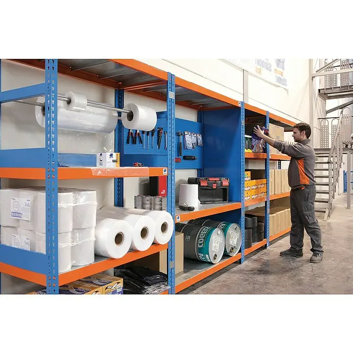 Simonrack Ecoforte Estructura de estantería Metal - L x An x Al: 60 x 150 x 200 cm, Capacidad de carga: 400 kg/balda, Número de baldas: 3 ud., Azul/Naranja/Galvanizado - Producto en uso