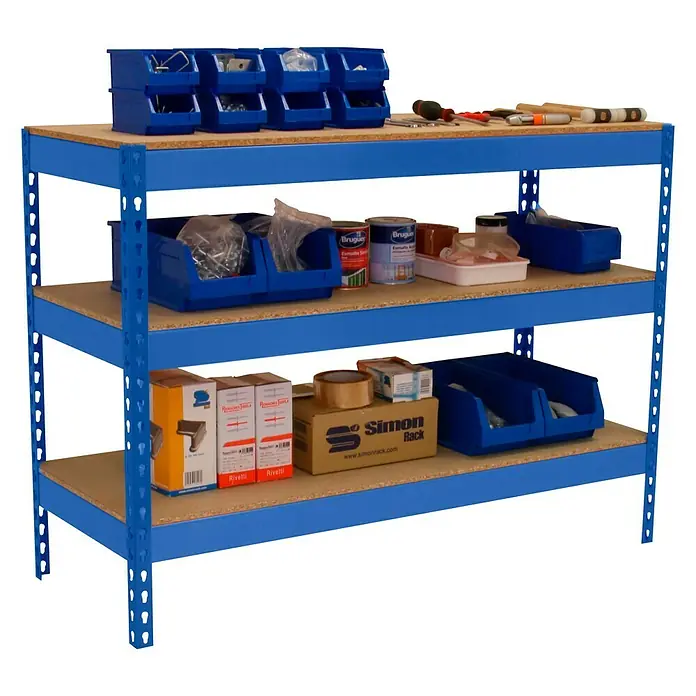 Simonrack Simonwork Mesa de trabajo Basic 3 - Azul, L x An x Al: 45 x 180 x 90 cm, Capacidad de carga: 400 kg - Producto en uso