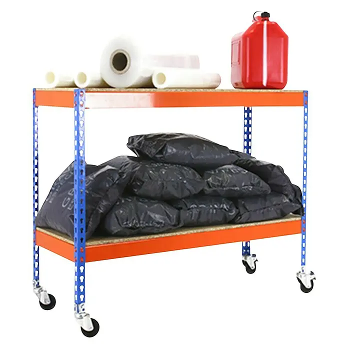 Simonrack Simonforte Estantería para cargas pesadas Mobile Chipboard - L x An x Al: 60 x 120 x 97,5 cm, Capacidad de carga: 75 kg/balda, Número de baldas: 2 ud., Inserción, Azul/Naranja - Producto en uso
