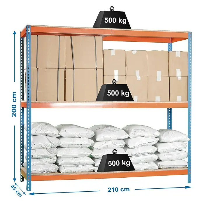 Simonrack Simonforte Estantería para cargas pesadas Chipboard - L x An x Al: 45 x 210 x 200 cm, Capacidad de carga: 500 kg/balda, Número de baldas: 3 ud., Azul/Naranja - Dibujo técnico