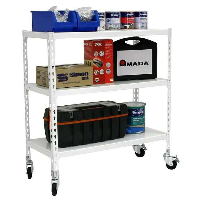 Simonrack Simonclick Estantería metálica Mobile Mini - L x An x Al: 40 x 80 x 97,5 cm, Capacidad de carga: 75 kg/balda, Número de baldas: 3 ud., Inserción, Blanco - Vista angular