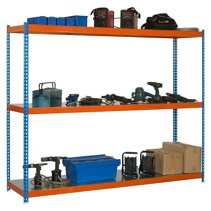 Simonrack Simonforte Estantería para cargas pesadas Metal - L x An x Al: 45 x 120 x 150 cm, Capacidad de carga: 600 kg/balda, Número de baldas: 3 ud., Azul/Naranja - Vista angular