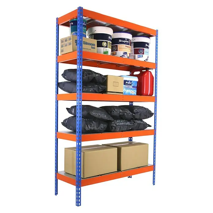 Simonrack Ecoforte Estructura de estantería Metal - L x An x Al: 60 x 180 x 200 cm, Capacidad de carga: 400 kg/balda, Número de baldas: 5 ud., Azul/Naranja - Vista angular