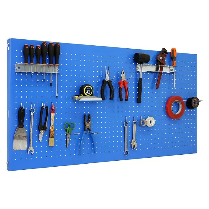 Simonrack Panelclick Panel perforado con 14 ganchos - L x An: 150 x 60 cm, Azul - Producto en uso