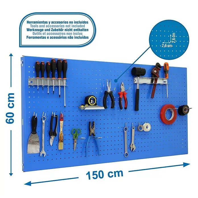 Simonrack Panelclick Panel perforado con 14 ganchos - L x An: 150 x 60 cm, Azul - Dibujo técnico