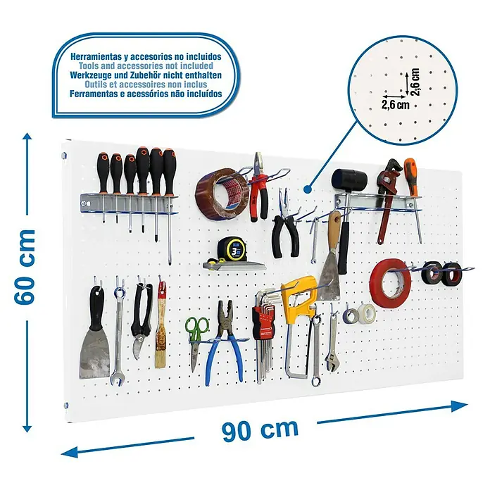 Simonrack Panelclick Panel perforado con 22 ganchos - L x An: 90 x 60 cm, Blanco - Dibujo técnico